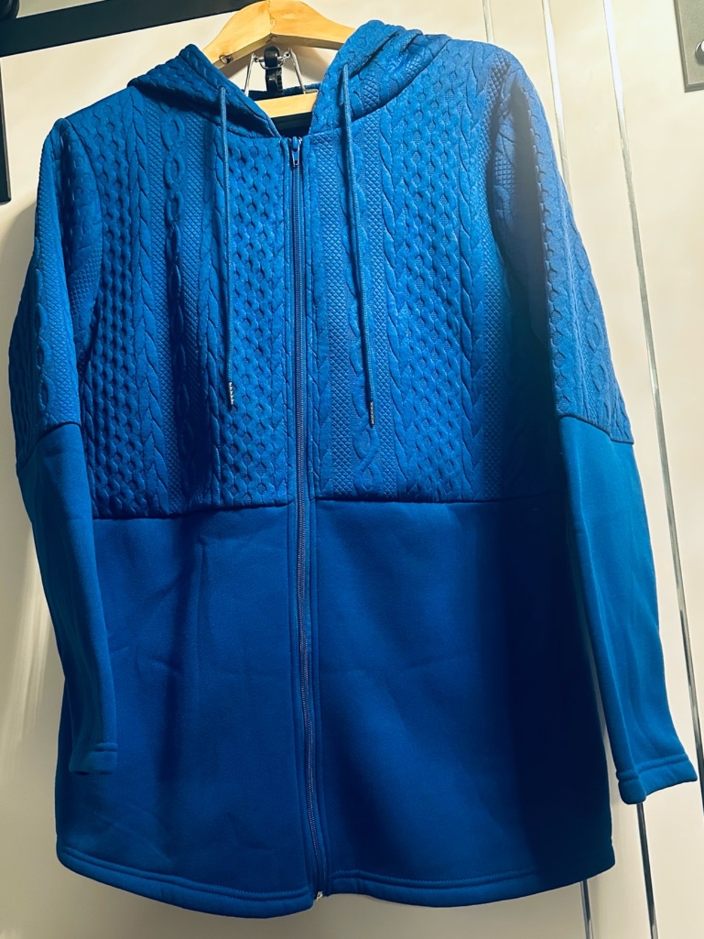 Royal Blue Cable Pattern Zip-Up Hooded Fleece Sweater Jacket